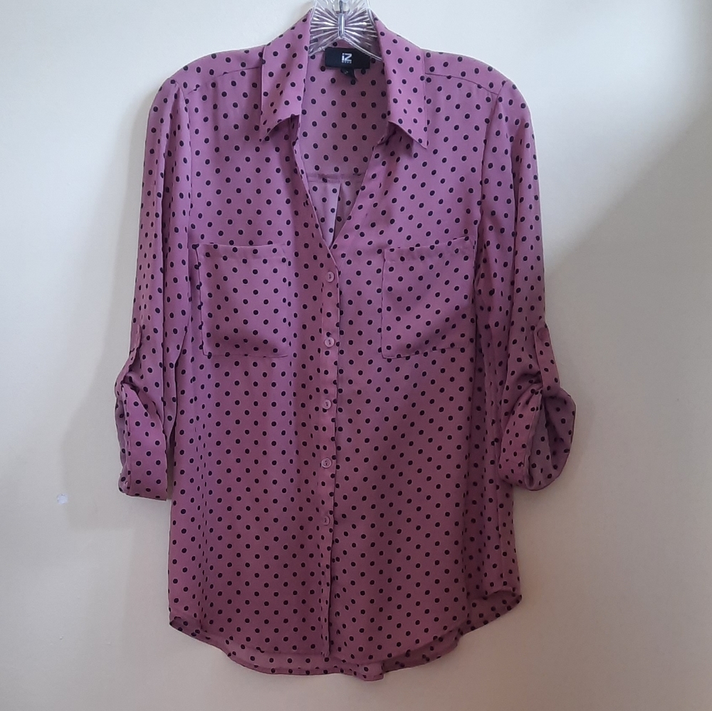 IZ Byer pink with black polka dot button up sleeve top size M
